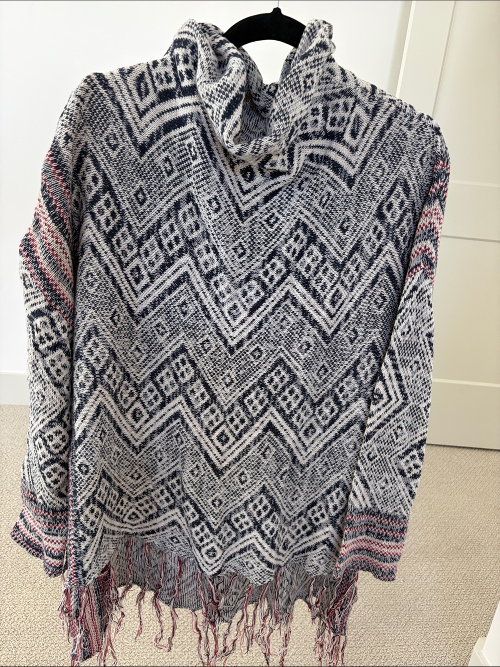 Mossimo Supply Co. Navy, White & Pink Geometric Fringe Poncho